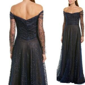 Rene Ruiz Silk off the shoulder navy blue maxi evening dress size 6